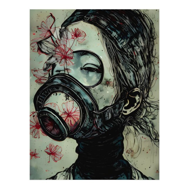 Woman in a Gas Mask With Flowers Photo Print (Front)