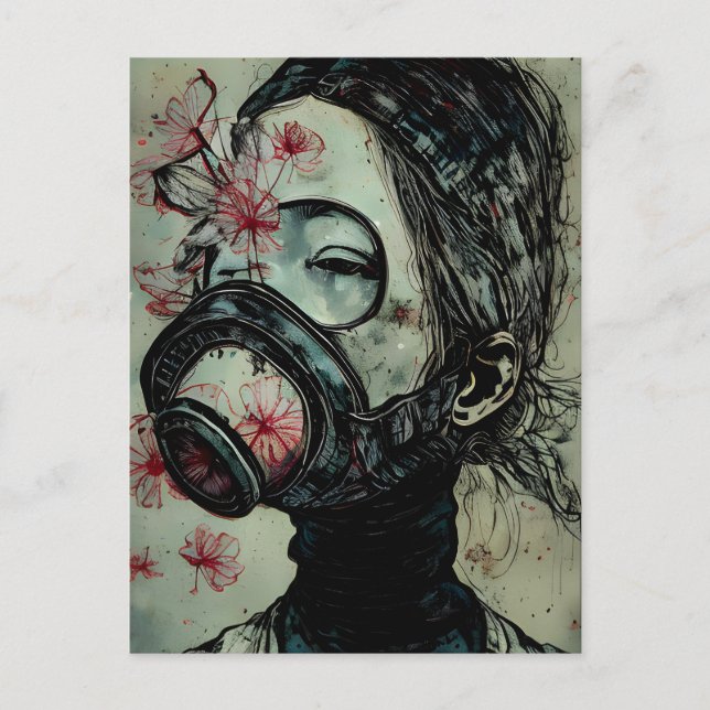 Woman in a Gas Mask With Flowers Postcard (Front)