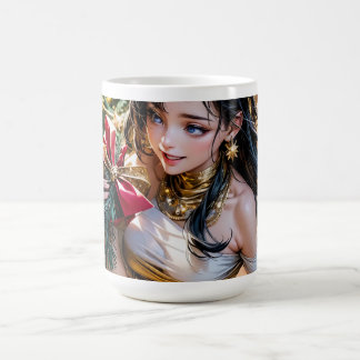  woman in a gold dress holding a red rose in front color morph mug 