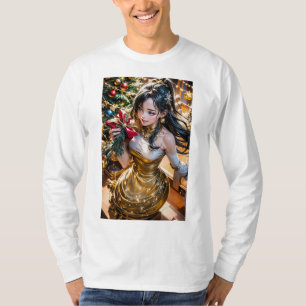 woman in a gold dress holding a red rose in front T-Shirt