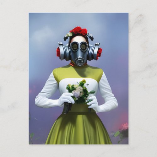 Woman in a green and white dress and a gas mask  postcard