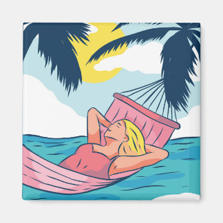 Woman in a Hammock at Beach Cartoon Style Magnet
