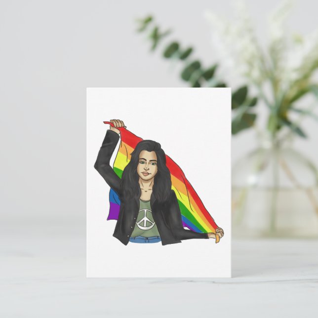 Woman in a Peace T-shirt With a Rainbow Flag LGBTQ Postcard (Standing Front)