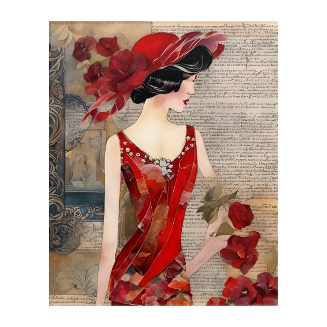Woman in a red dress collage acrylic print (Front)