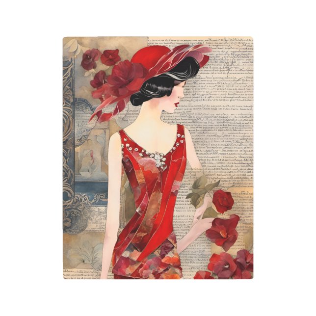Woman in a red dress collage metal print (Front)