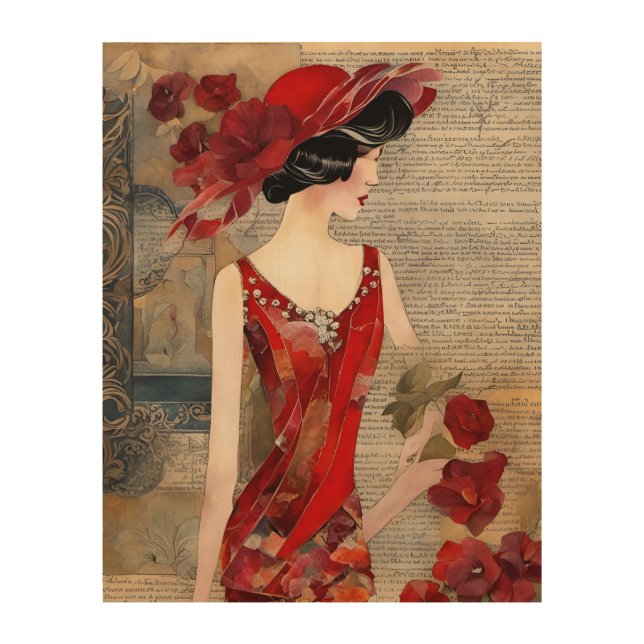 Woman in a red dress collage wood wall art (Front)