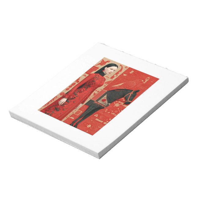 Woman in a red flowered dress & black horse notepad (Rotated)