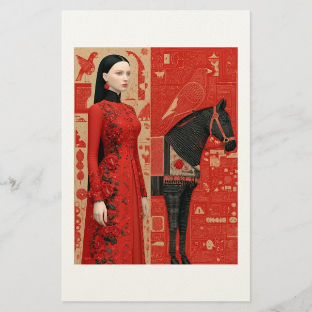 Woman in a red flowered dress & black horse stationery (Front)