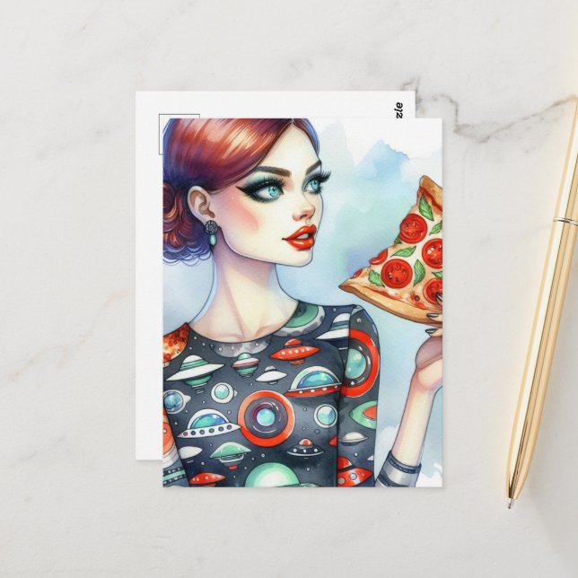 Woman in a UFO shirt with a big slice of pizza Postcard (Front/Back In Situ)