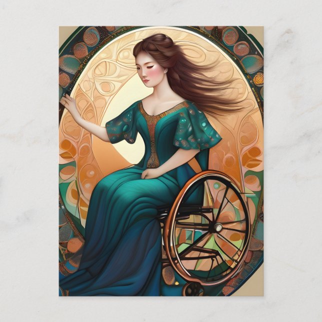 Woman in a wheelchair dances joyfully postcard (Front)