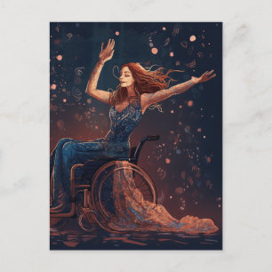 Woman in a wheelchair dances joyfully postcard
