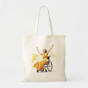 Woman in a wheelchair dances joyfully tote bag