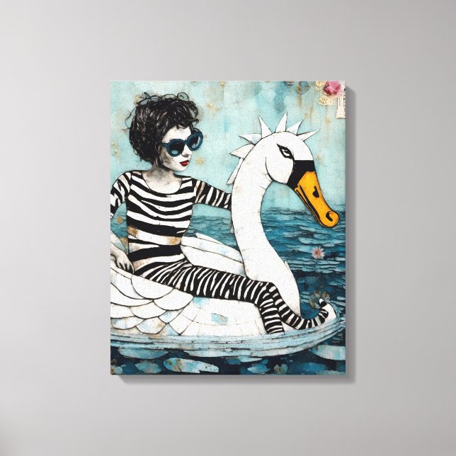 Woman in a Zebra Striped Outfit Floating on a Swan Canvas Print (Front)