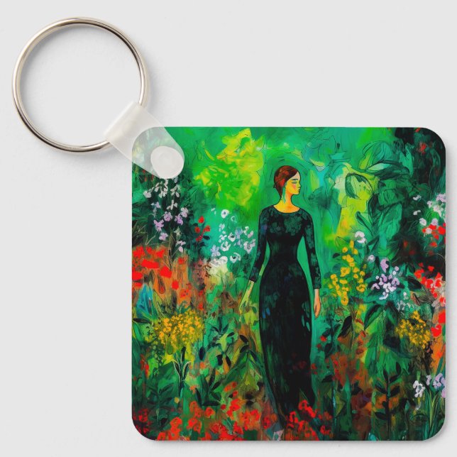 Woman in Beautiful Green Meadow  Keychain (Front)