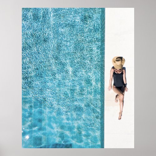 Woman in black bikini bottom and white sun hat sta poster