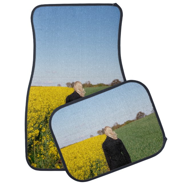 Woman in black coat standing on green grass field  car floor mat (Set)