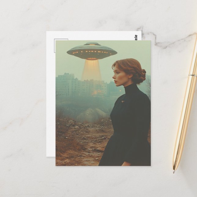 Woman in black dress and a UFO Postcard (Front/Back In Situ)