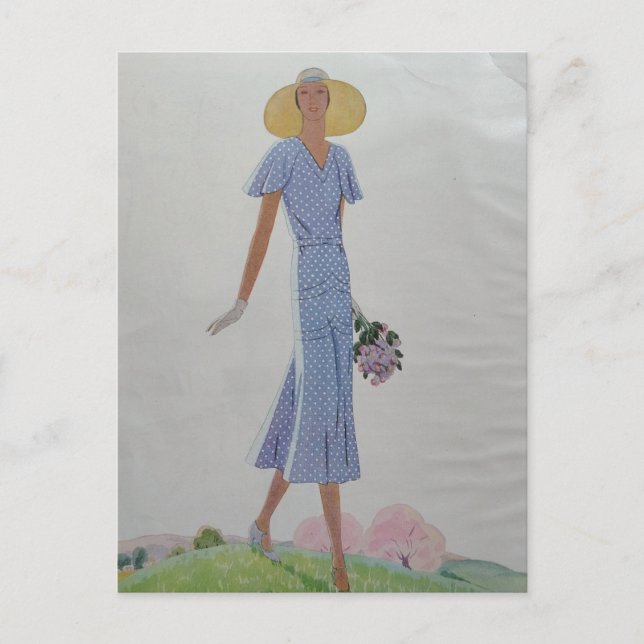 Woman in Blue and White Dress 1930s Fashion Postcard (Front)