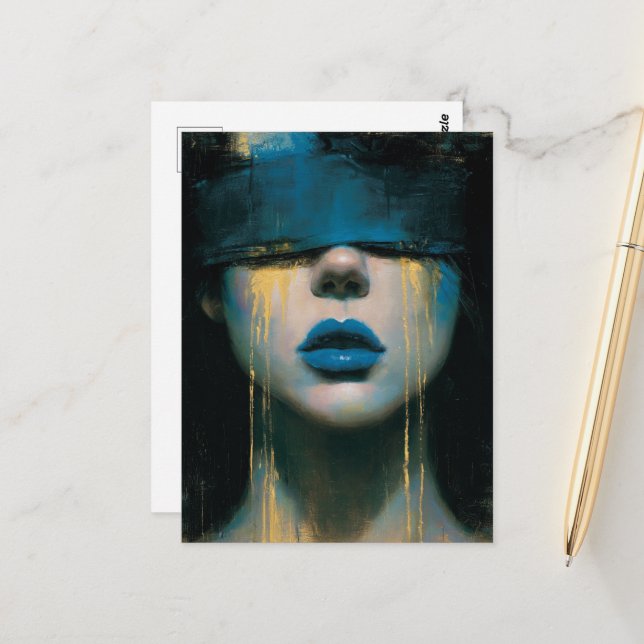 Woman in Blue Blindfold Golden Tears Postcard (Front/Back In Situ)