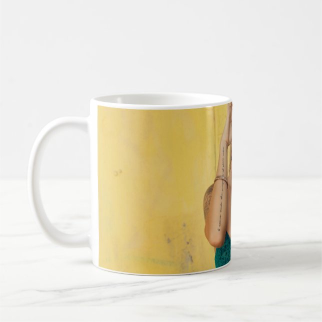 Woman in blue bralette holding sunglasses putting  coffee mug (Left)
