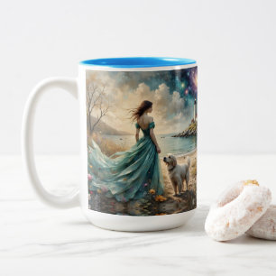 Woman in blue gown on beach with dog, lighthouse. Two-Tone coffee mug