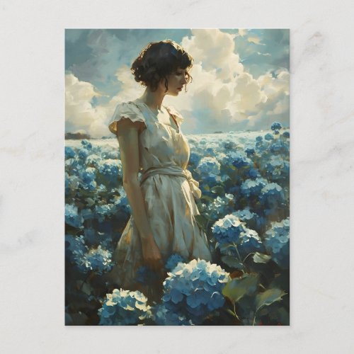 Woman in Blue Hydrangea Field Vintage Beauty Postcard