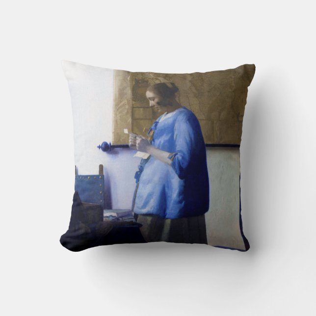 Woman in Blue, Johannes Vermeer Throw Pillow (Front)