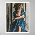 Woman in blue, oil pastel poster