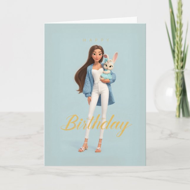 Woman in Blue & White w/ Cute Bunny Bday Card (Front)