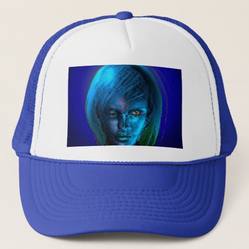Woman in blues trucker hat