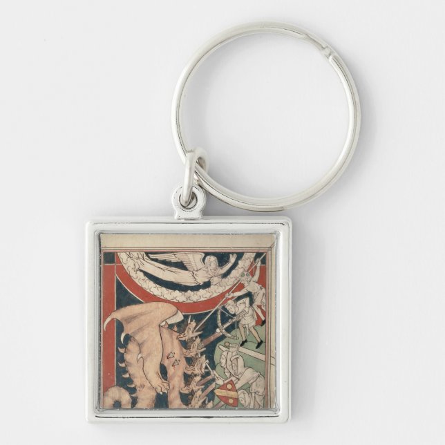 Woman in cloud above five men fighting keychain (Front)