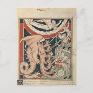 Woman in cloud above five men fighting postcard