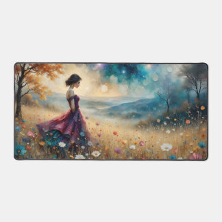 Woman in colorful gown on hill of flowers desk mat