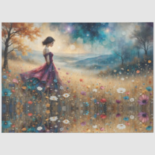 Woman in colorful gown on hill of flowers tissue paper