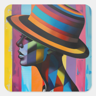 Woman in Colorful Hat 4 Striking silhouette Square Sticker