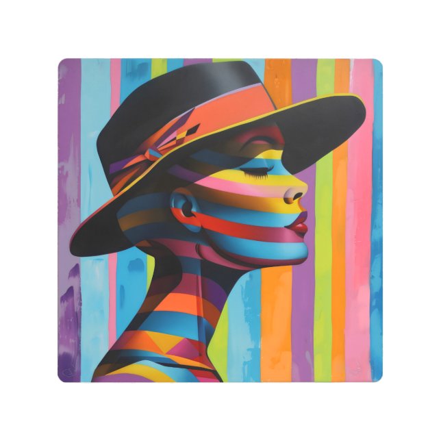 Woman in Colorful Hat 5 Striking silhouette Metal Print (Front)