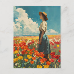 Woman in Colorful Tulip Field Vintage Postcard