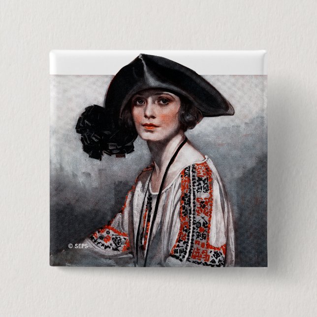 Woman in Embroidered Blouse Button (Front)