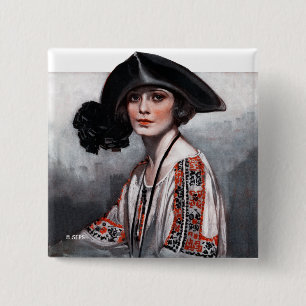 Woman in Embroidered Blouse Button