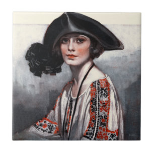 Woman in Embroidered Blouse Ceramic Tile
