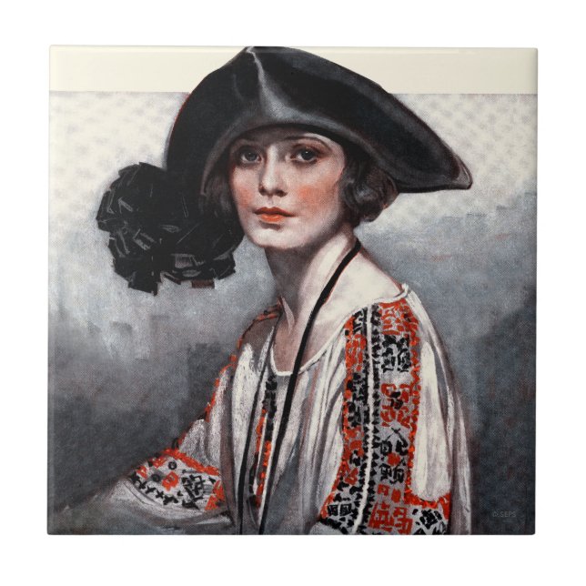 Woman in Embroidered Blouse Ceramic Tile (Front)