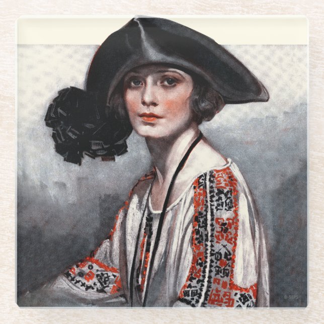 Woman in Embroidered Blouse Glass Coaster (Front)