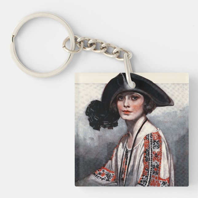 Woman in Embroidered Blouse Keychain (Front)