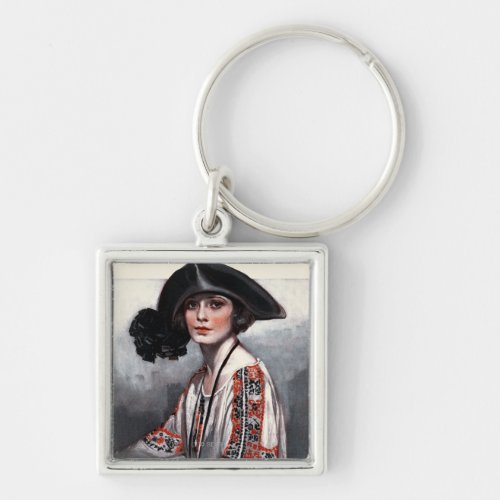 Woman in Embroidered Blouse Keychain