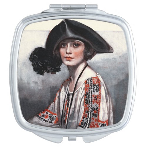 Woman in Embroidered Blouse Mirror For Makeup