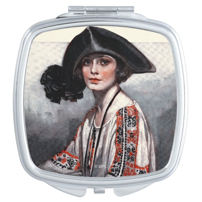 Woman in Embroidered Blouse Mirror For Makeup (Front)