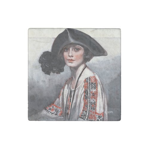 Woman in Embroidered Blouse Stone Magnet