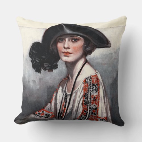 Woman in Embroidered Blouse Throw Pillow