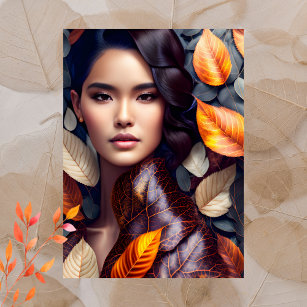 Woman in fall leaves, Postcrossing Postcard