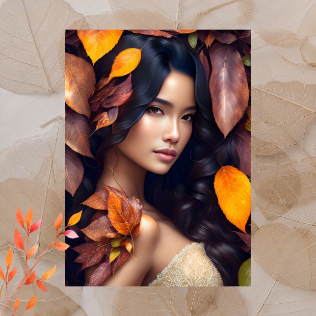 Woman in fall leaves, Postcrossing Postcard (Creator Uploaded)